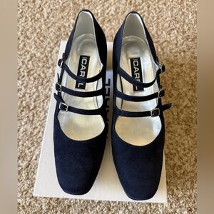 Carel Paris Kina Three Strap Mary Jane Heels in Navy Suede